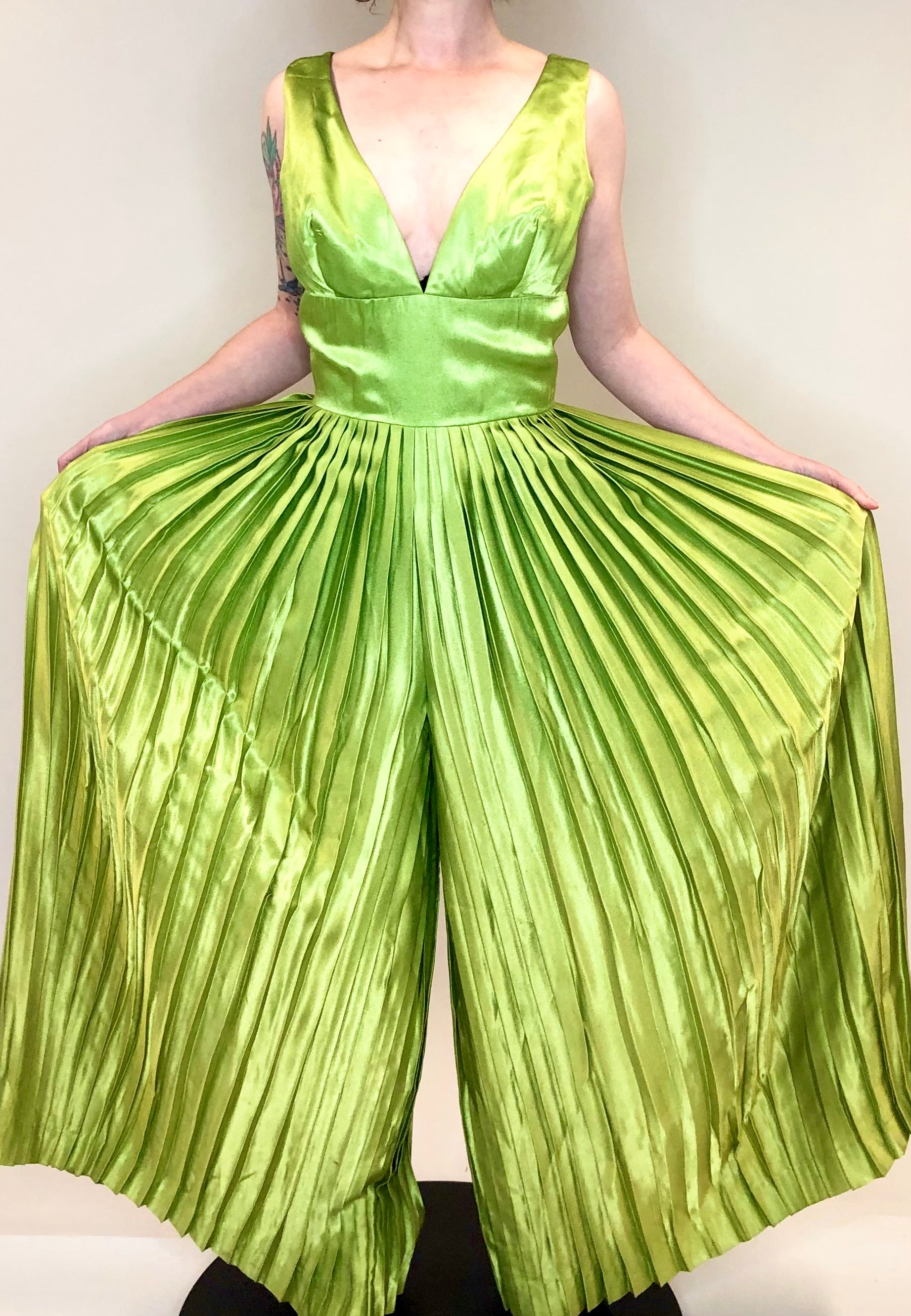 RESERVED Vintage 1960s Lime Green Satin Pleated Jumpsuit Gown