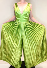 RESERVED Vintage 1960s Lime Green Satin Pleated Jumpsuit Gown