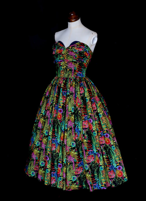Liberty London print strapless cocktail dress with hand draped sweetheart bodice and full 1950s ballerina length skirt. One of a kind by Alexandra King UK