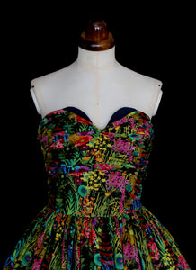 Liberty London print strapless cocktail dress with hand draped sweetheart bodice and full 1950s ballerina length skirt. One of a kind by Alexandra King UK