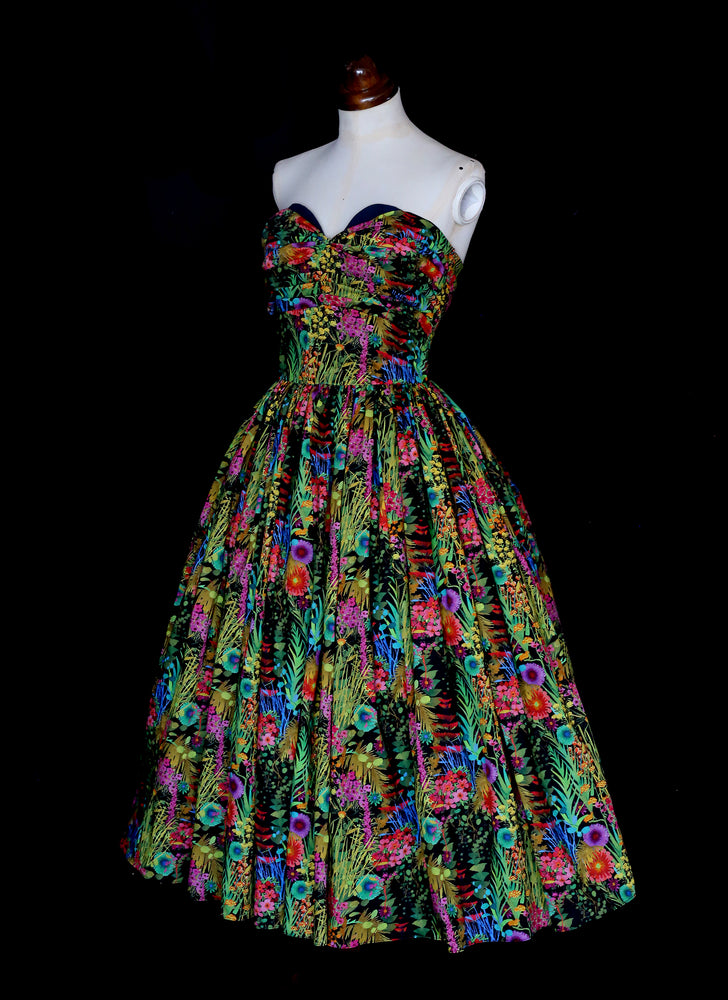 Liberty London print strapless cocktail dress with hand draped sweetheart bodice and full 1950s ballerina length skirt. One of a kind by Alexandra King UK