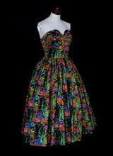 Liberty London print strapless cocktail dress with hand draped sweetheart bodice and full 1950s ballerina length skirt. One of a kind by Alexandra King UK