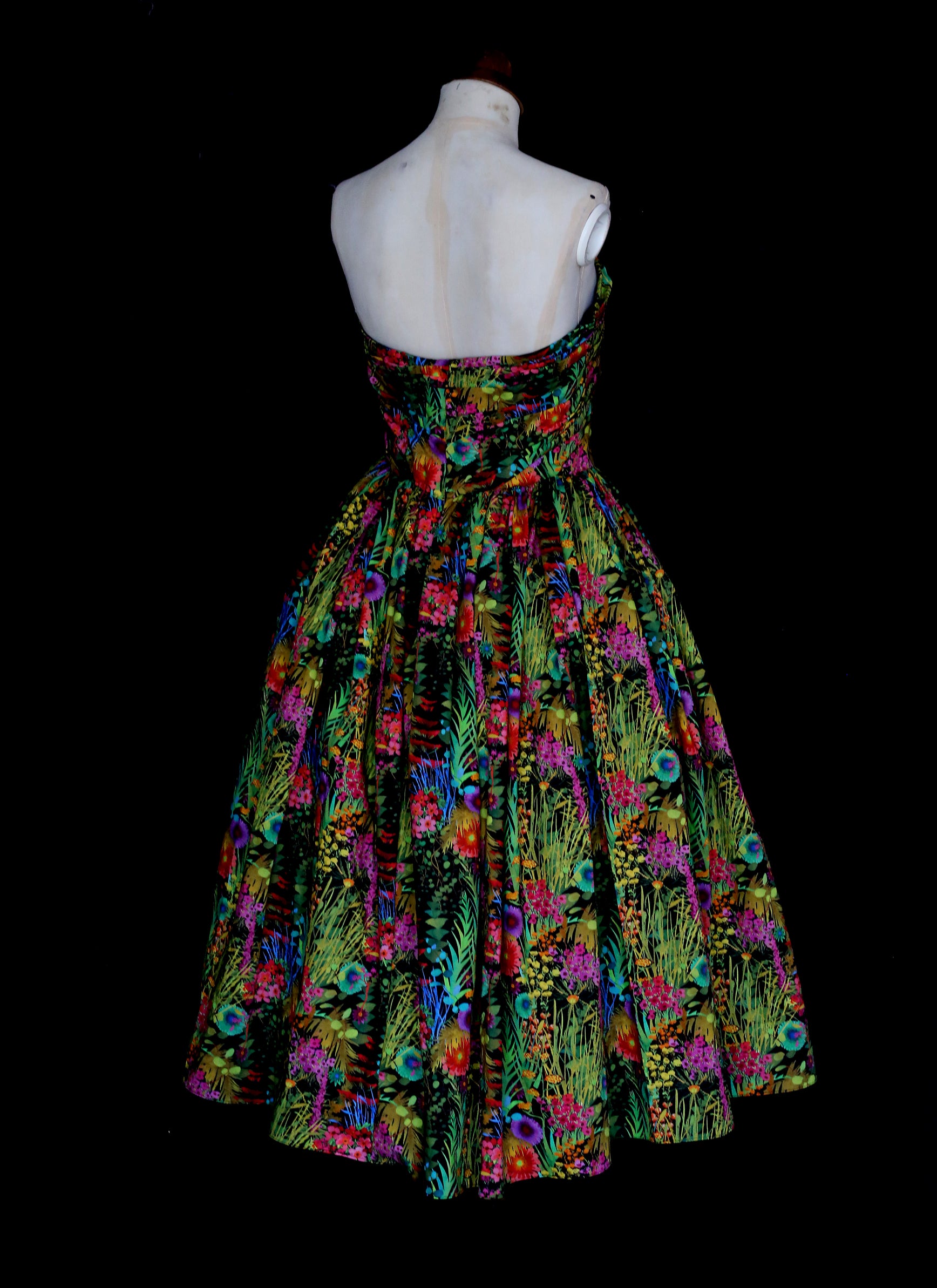 Liberty London print strapless cocktail dress with hand draped sweetheart bodice and full 1950s ballerina length skirt. One of a kind by Alexandra King UK