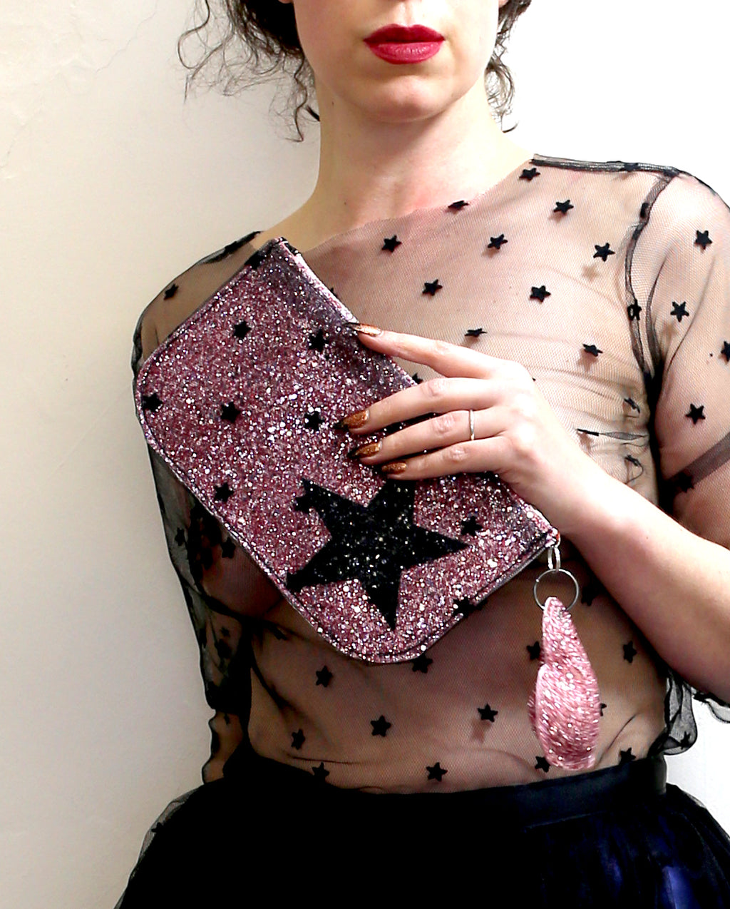 Pink Star Glitter Tulle Pouch Purse