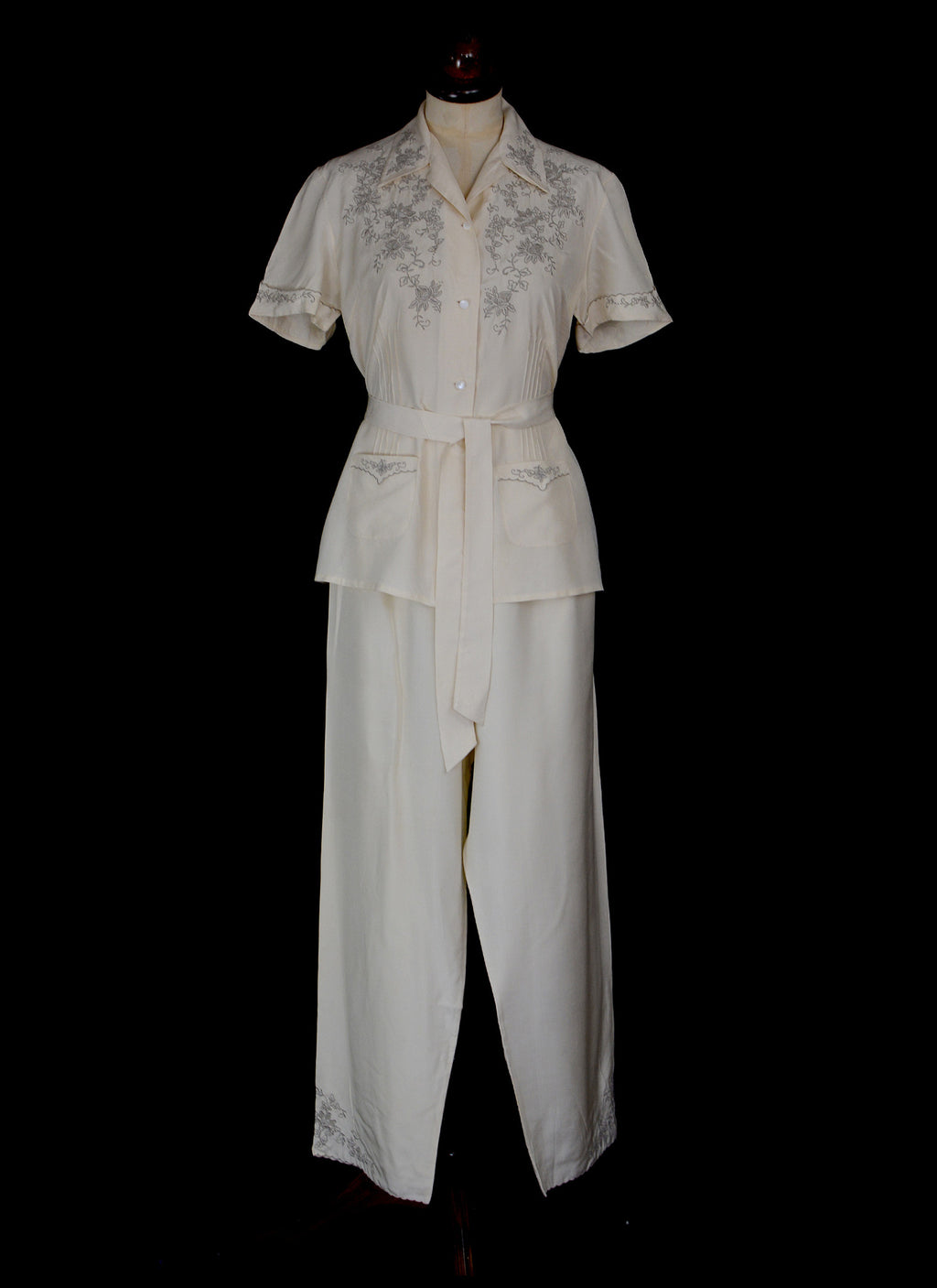 Vintage 1930s Ivory Silk Embroidered Pyjamas