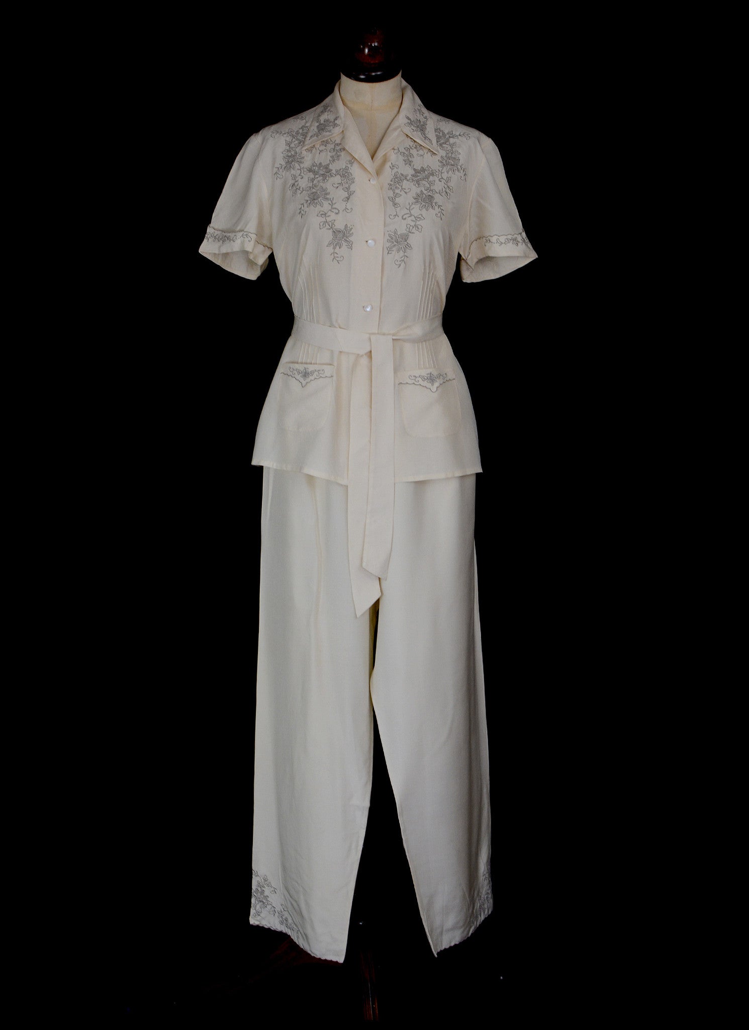 Vintage 1930s Ivory Silk Embroidered Pyjamas