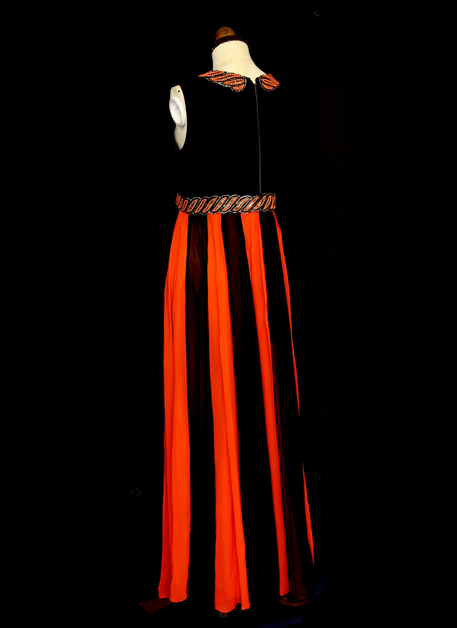 Vintage 1970s Red Black Beaded Chiffon Maxi Dress