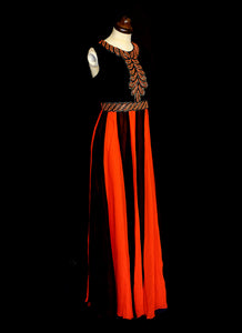 Vintage 1970s Red Black Beaded Chiffon Maxi Dress