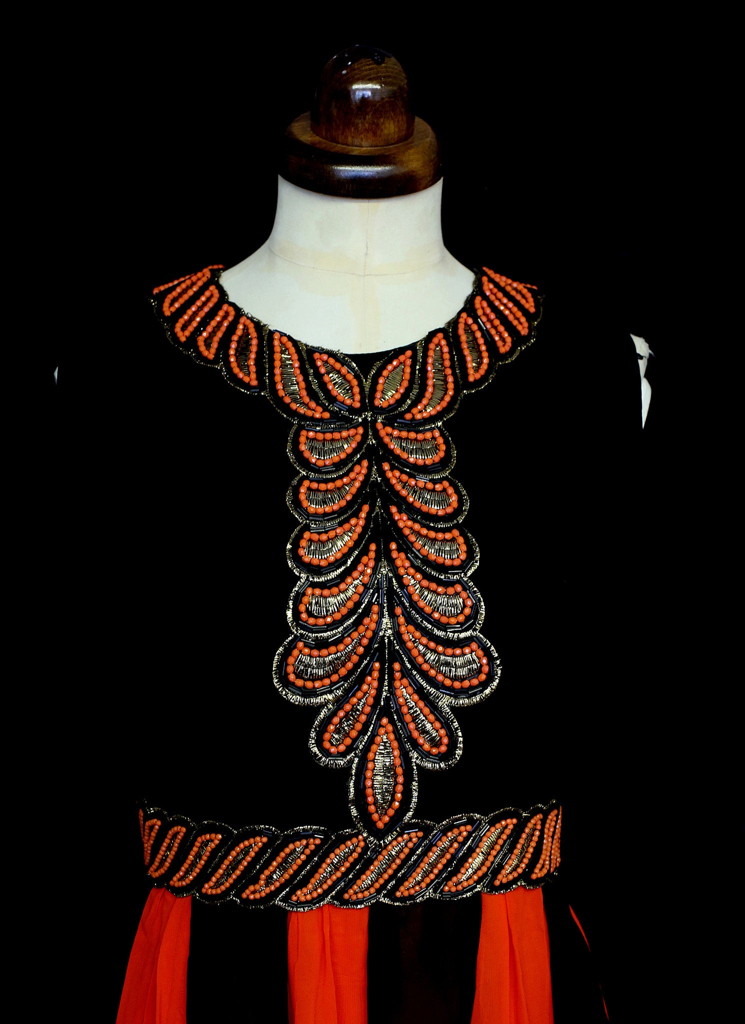 Vintage 1970s Red Black Beaded Chiffon Maxi Dress