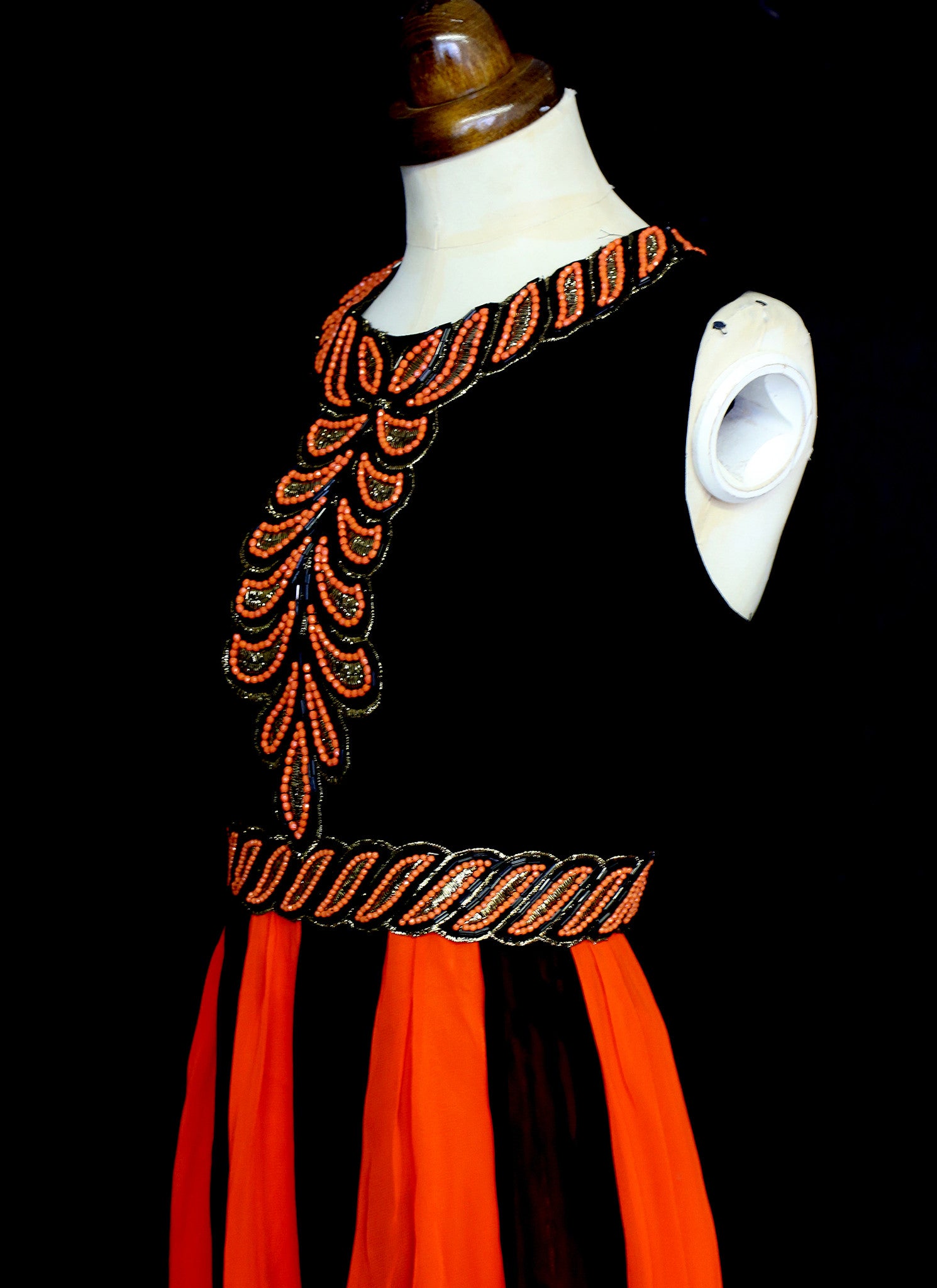 Vintage 1970s Red Black Beaded Chiffon Maxi Dress
