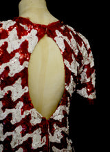 Vintage 1980s Red White Houndstooth Sequin Mod Dress
