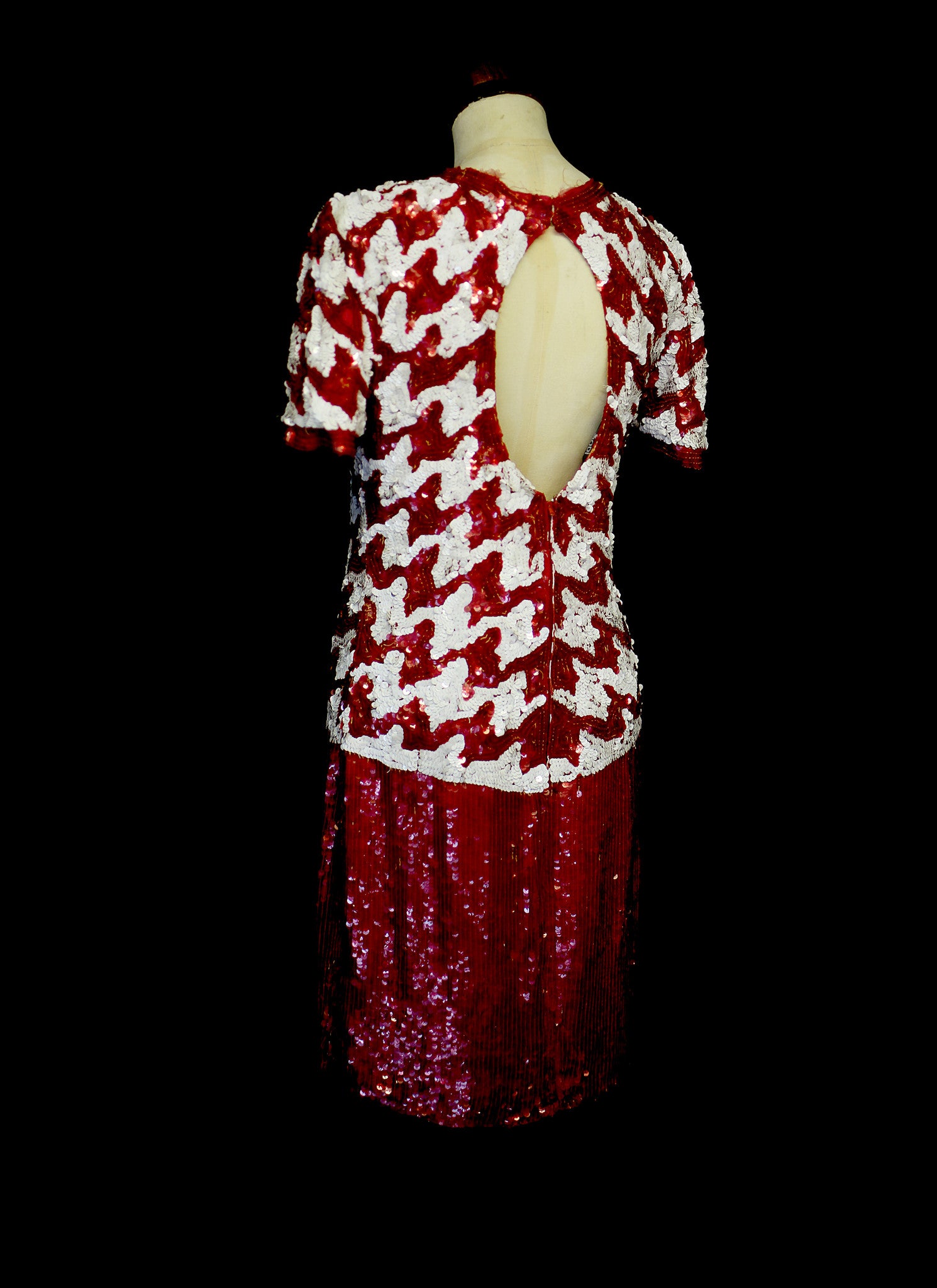 Vintage 1980s Red White Houndstooth Sequin Mod Dress