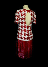Vintage 1980s Red White Houndstooth Sequin Mod Dress