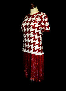 Vintage 1980s Red White Houndstooth Sequin Mod Dress