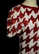 Vintage 1980s Red White Houndstooth Sequin Mod Dress