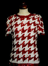 Vintage 1980s Red White Houndstooth Sequin Mod Dress