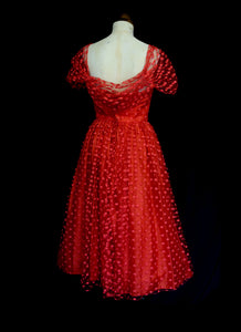 Vintage 1980s Red Polkadot Tulle Prom Cocktail Dress