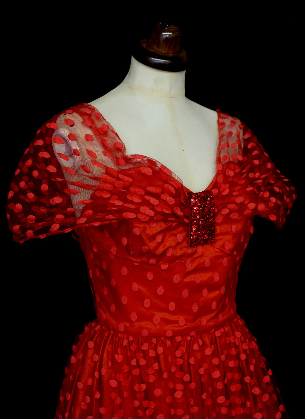 Vintage 1980s Red Polkadot Tulle Prom Cocktail Dress