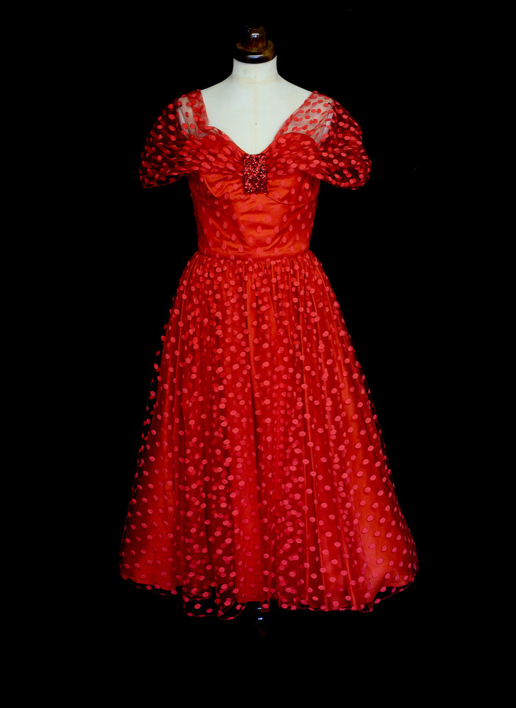 Vintage 1980s Red Polkadot Tulle Prom Cocktail Dress