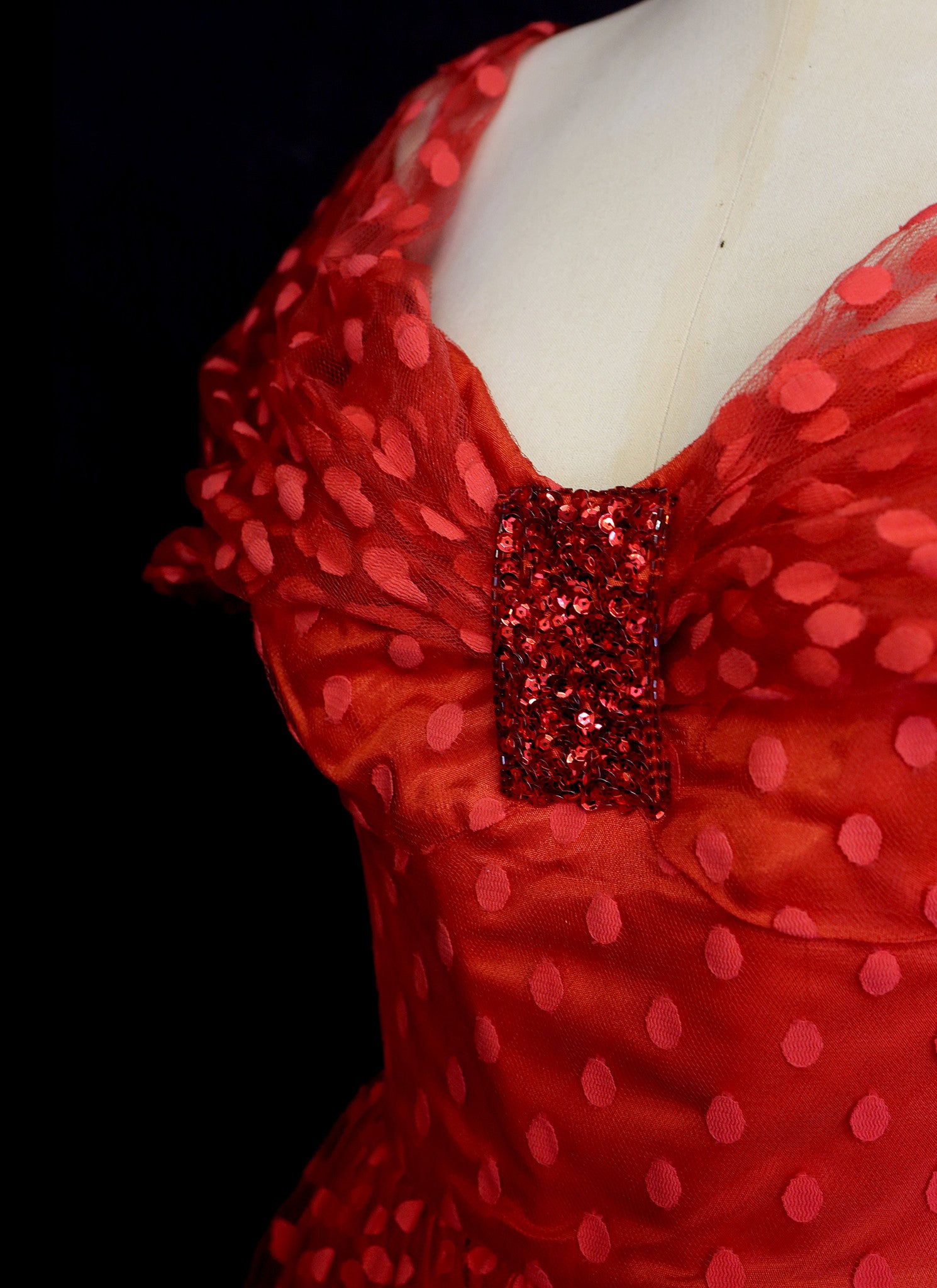Vintage 1980s Red Polkadot Tulle Prom Cocktail Dress