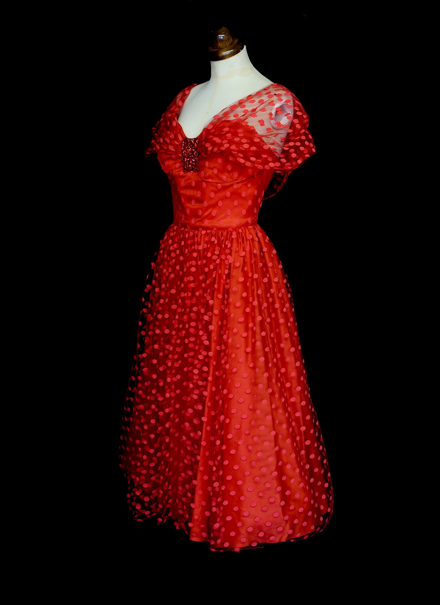 Vintage 1980s Red Polkadot Tulle Prom Cocktail Dress
