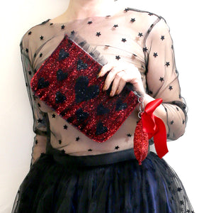 Red Glitter Heart Tulle Pouch Purse