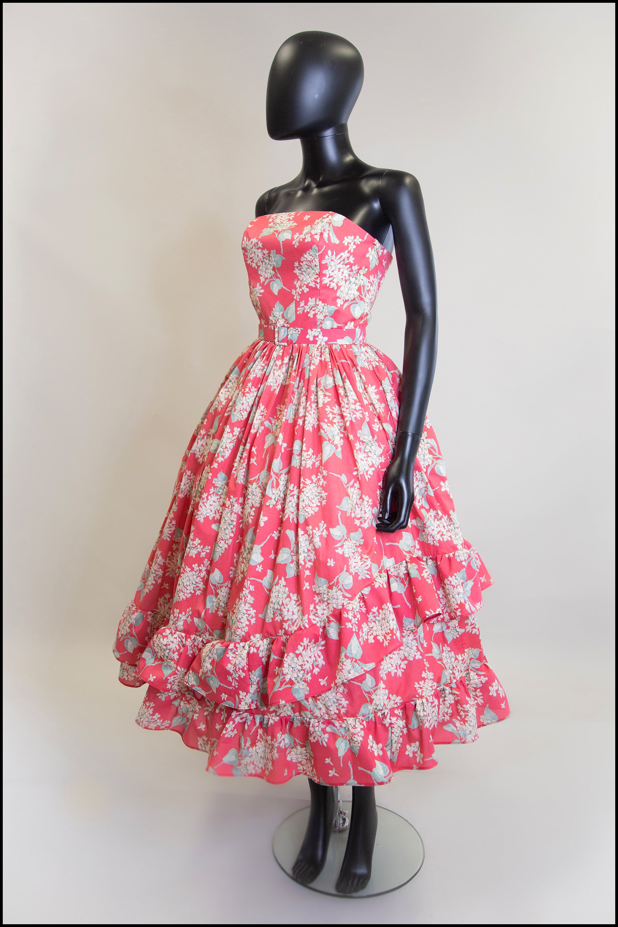 red liberty print floral ruffle dress alexandra king british designer