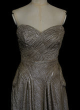 Gold strapless gown in metallic lurex by Alexandra King. Titled the snake charmer, suitable for the red carpet or as a wedding bridal dress. One of a kind hand made in the UK