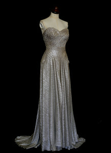 Gold strapless gown in metallic lurex by Alexandra King. Titled the snake charmer, suitable for the red carpet or as a wedding bridal dress. One of a kind hand made in the UK