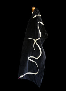 black velvet wrap stole with gold lurex and Swarovski crystal snake design. A one of a kind piece by Alexandra King. The snake charmer wrap. 