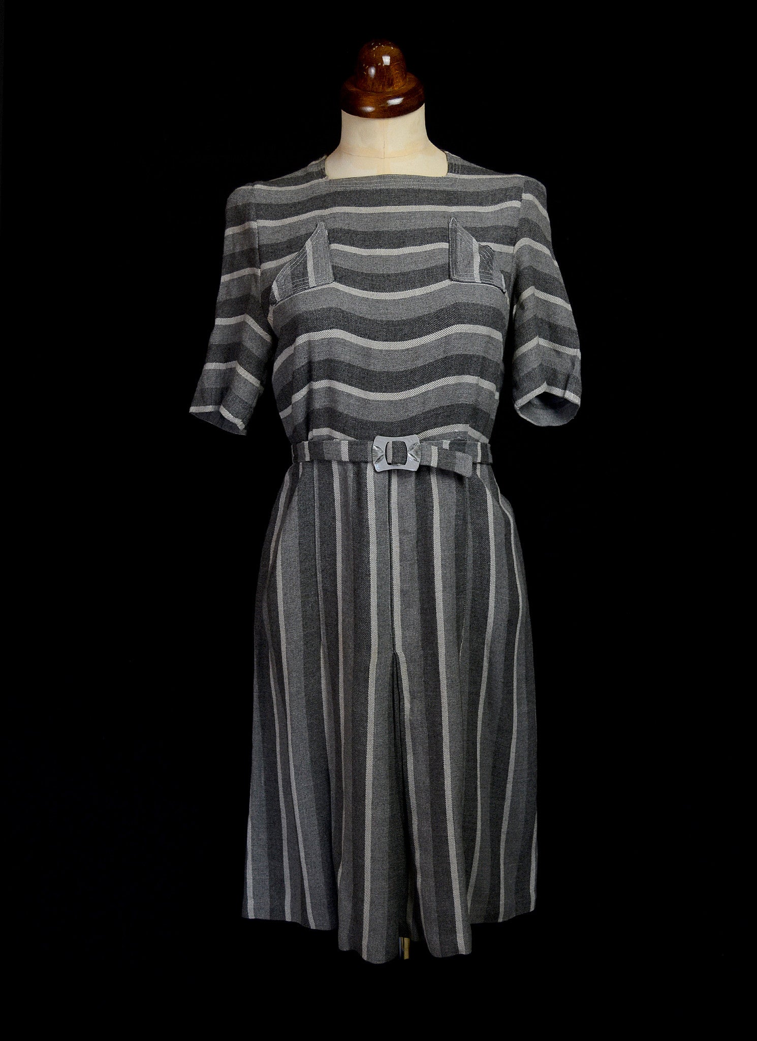 Vintage 1930s Grey Wool Deco Day Dress