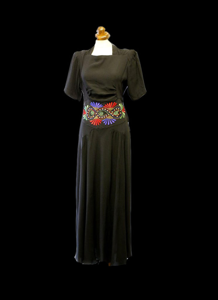 Vintage 1940s Black Embroidered Crepe Dress
