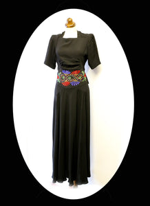 Vintage 1940s Black Embroidered Crepe Dress