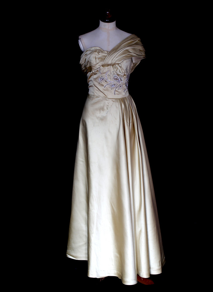 Vintage 1940s Light Gold Beaded Satin Gown