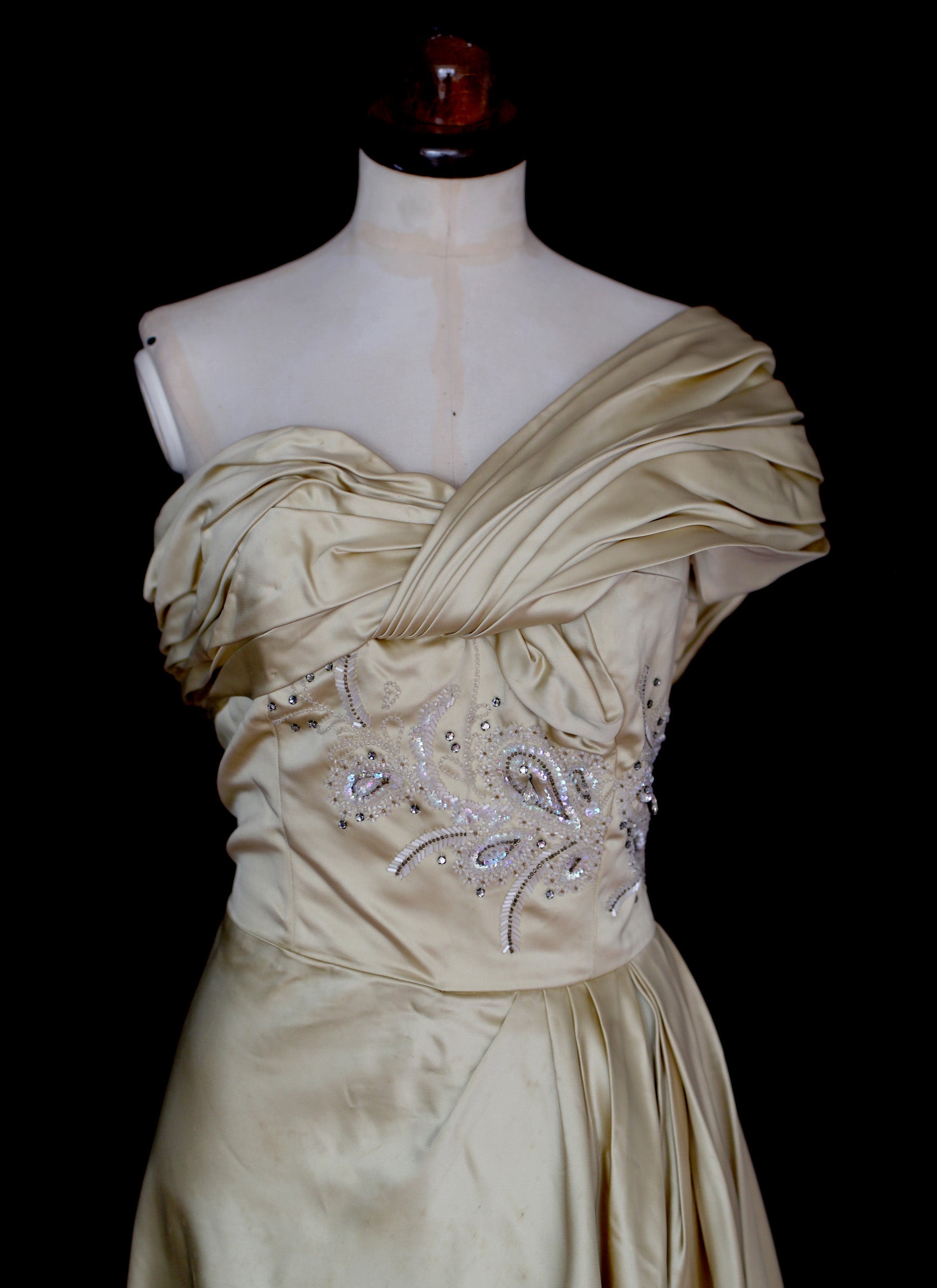 Vintage 1940s Light Gold Beaded Satin Gown ALEXANDRA-KING Vintage 1940s Light Gold Beaded Satin Gown ALEXANDRA-KING