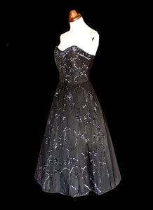 Vintage 1950s Black Sequinned Tulle Cocktail Dress