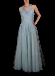 Vintage 1950s Blue Tulle Lace Gown