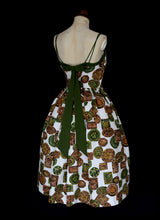 Vintage 1950s Mid Century Green Barkcloth Dress