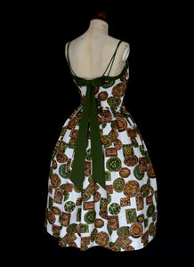 Vintage 1950s Mid Century Green Barkcloth Dress