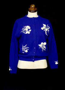 Vintage 1950s Blue Embroidered Cardigan