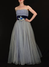 Vintage 1950s Blue Flocked Organza Gown