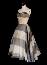 Vintage 1950s Grey Silk Organdie Stripe Dress