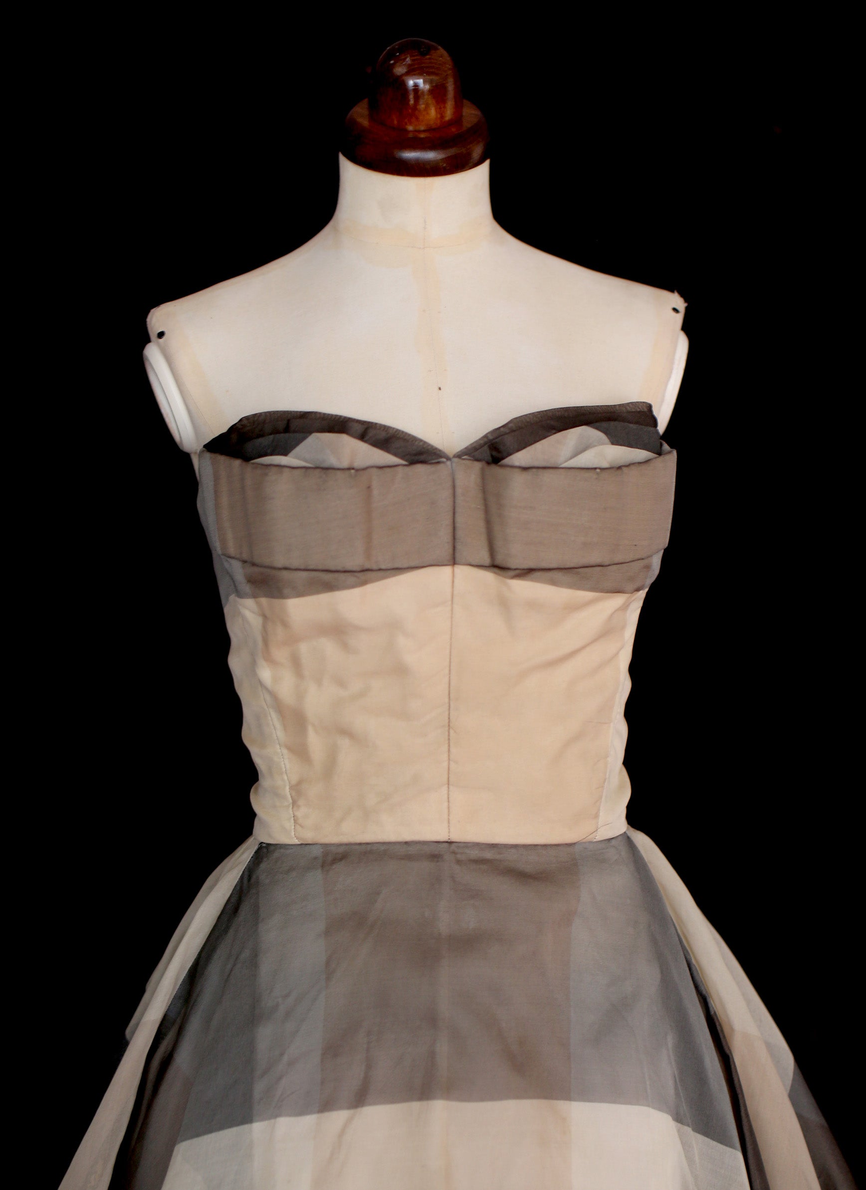 Vintage 1950s Grey Silk Organdie Stripe Dress