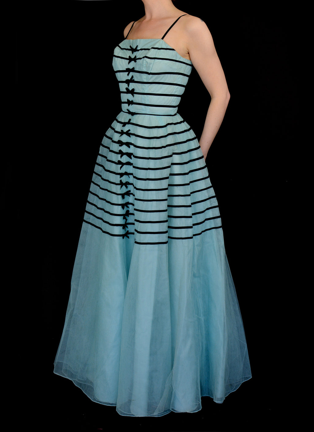 Vintage 1950s Blue Tulle Stripe Prom Dress