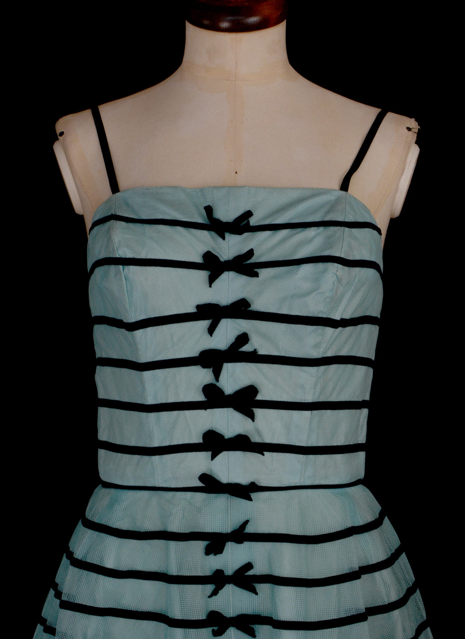 Vintage 1950s Blue Tulle Stripe Prom Dress