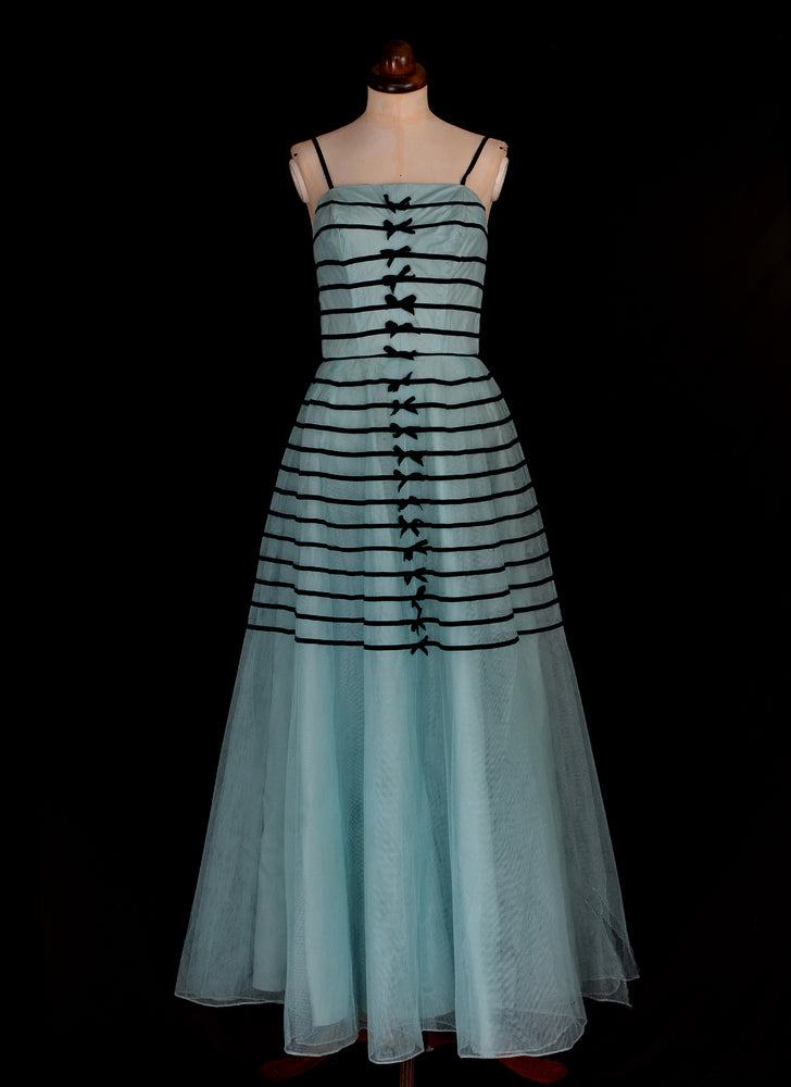 Vintage 1950s Blue Tulle Stripe Prom Dress