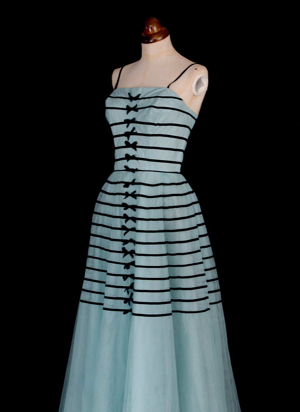 Vintage 1950s Blue Tulle Stripe Prom Dress