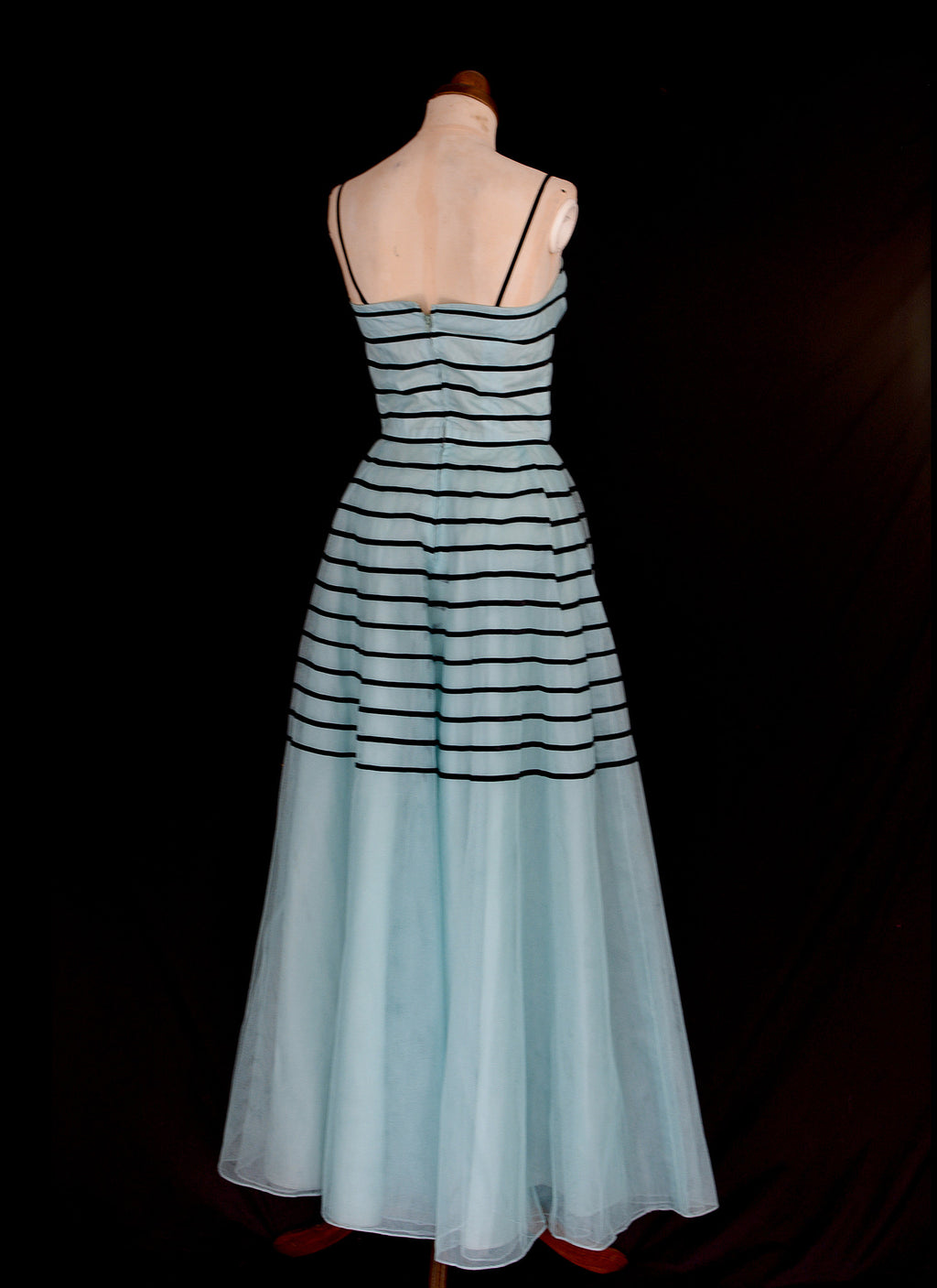 Vintage 1950s Blue Tulle Stripe Prom Dress