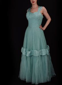 Vintage 1950s Blue Lace Formal Gown