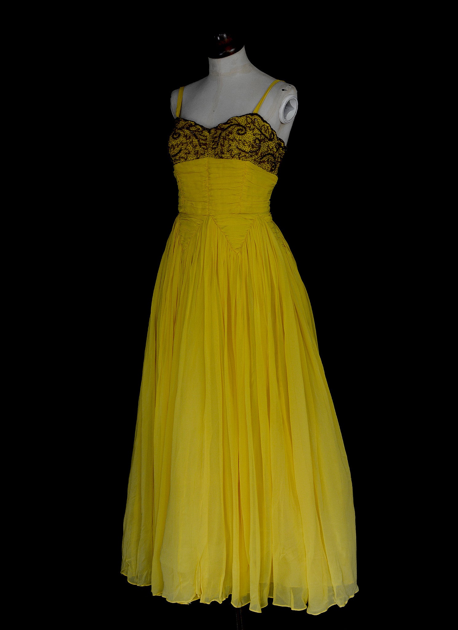 Vintage 1950s Beaded Yellow Chiffon Gown